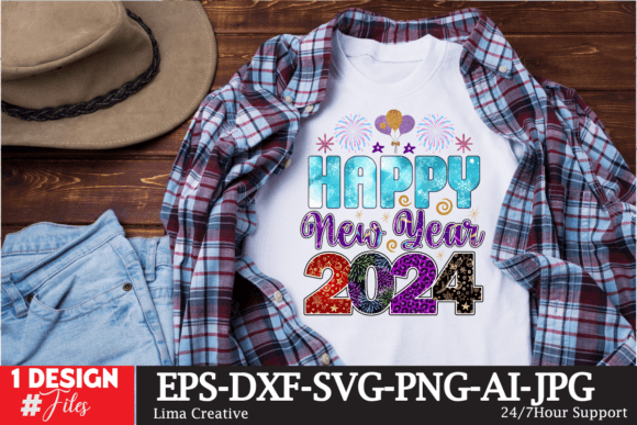 Happy New Year 2024 Sublimation PNG: Graphics for T-Shirt Designs